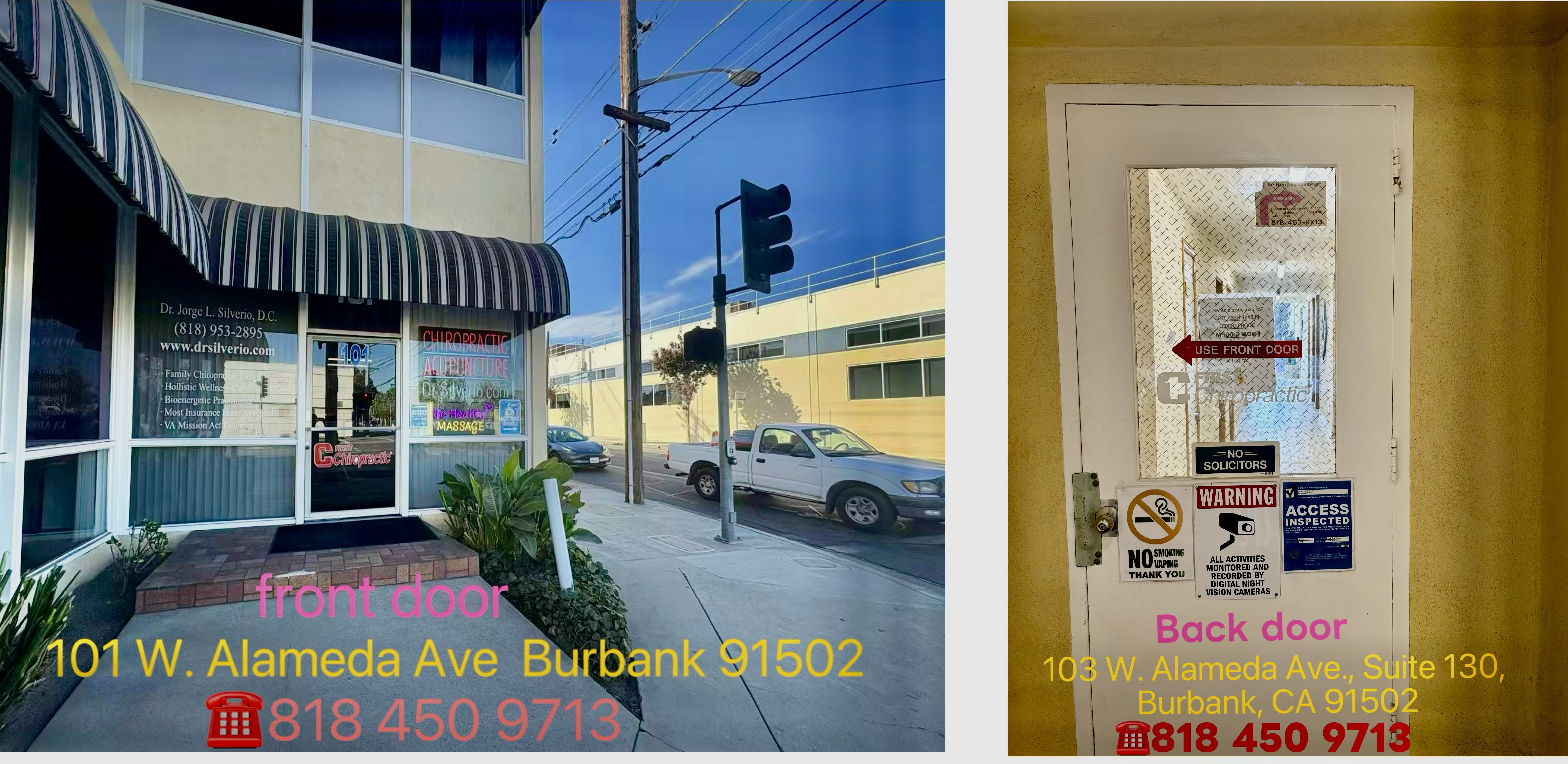 Front and back entrance directions for Be Healthy Massage