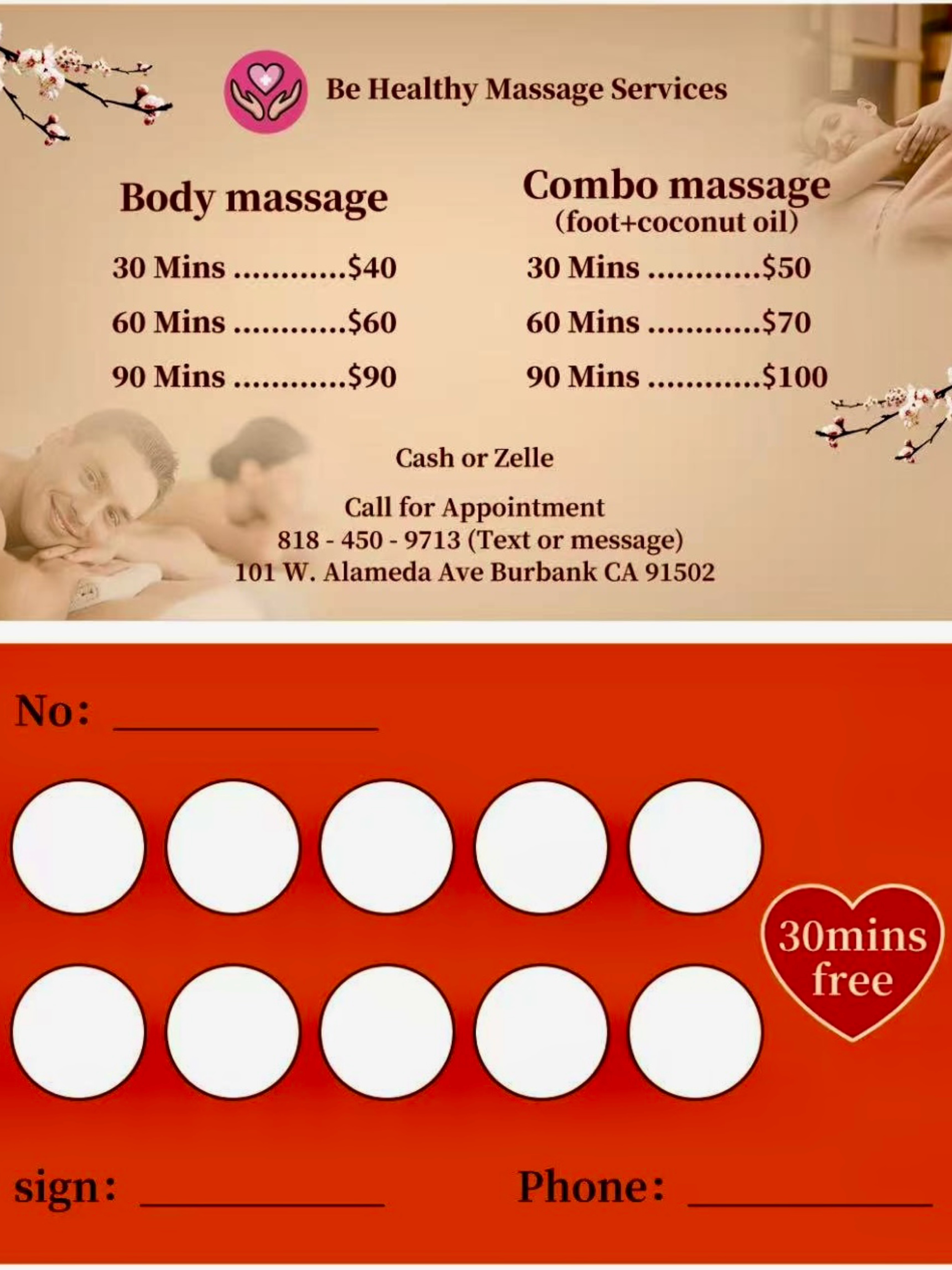 Be Healthy Massage customer rewards card