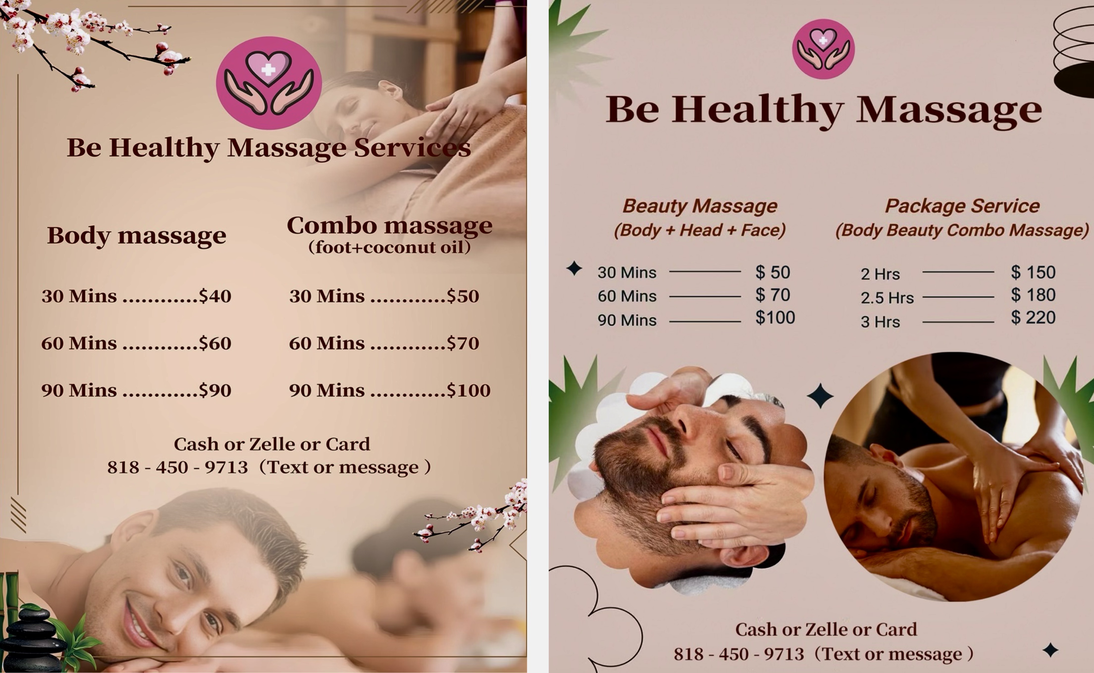Be Healthy Massage services and pricing menu